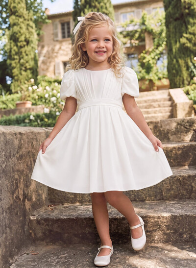 Ball-Gown Scoop Neck Short Sleeves Knee-Length Chiffon Flower Girl Dresses With Pockets/Pleated/Sash