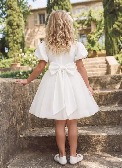 Ball Gown Scoop Neck Short Sleeve Knee-Length Chiffon Flower Girl Dress With Pockets, Pleats And Sash