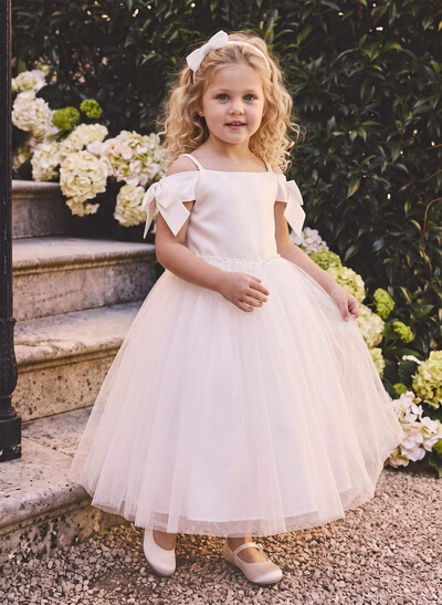 Off-The-Shoulder Sleeveless Ankle-Length Satin And Tulle Ballgown Flower Girl Dresses With Bow And Pockets