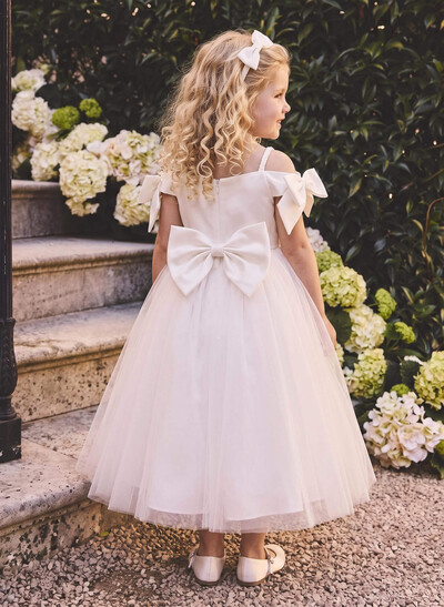 Off-The-Shoulder Sleeveless Ankle-Length Satin And Tulle Ballgown Flower Girl Dresses With Bow And Pockets