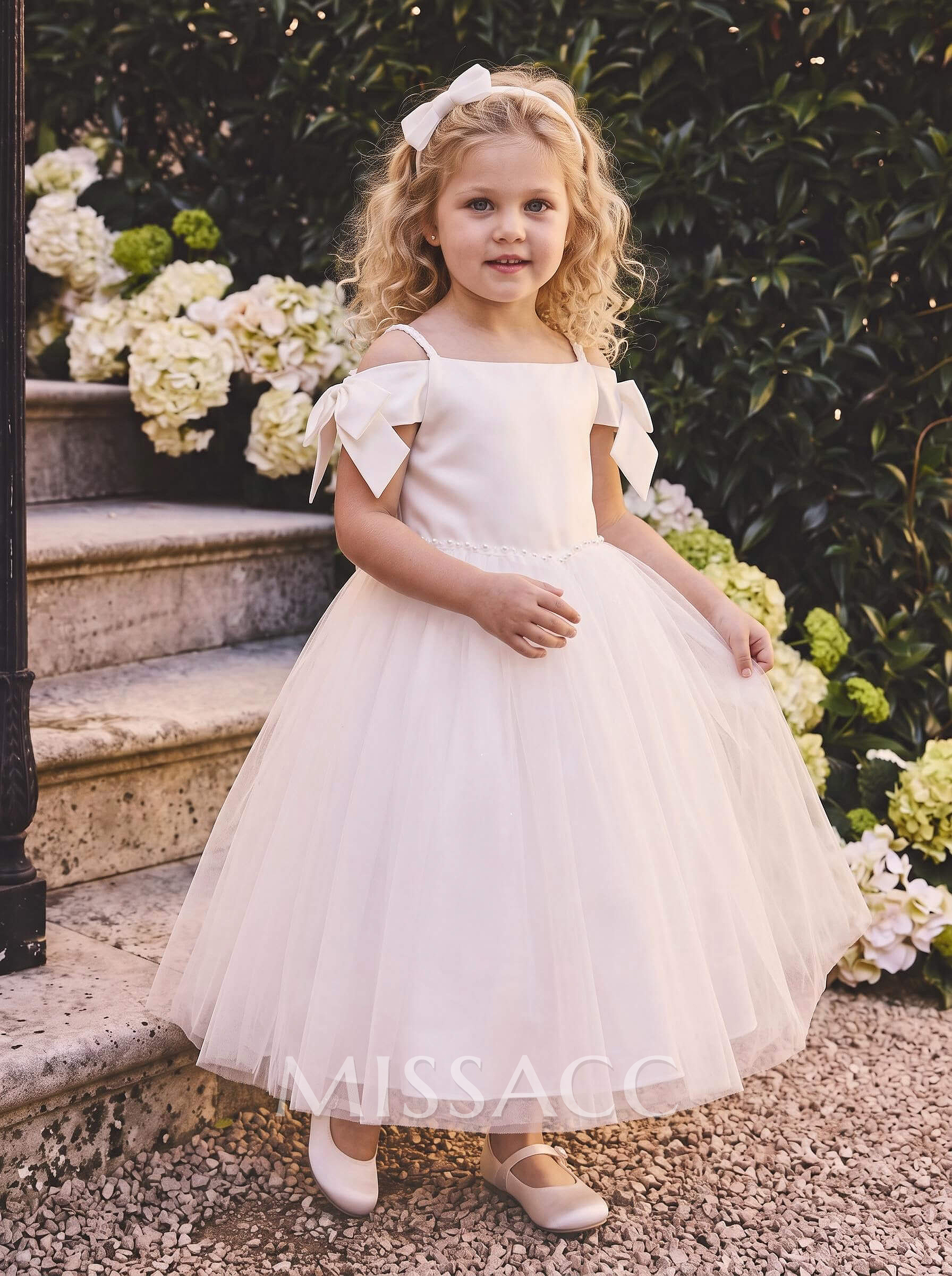 Off-The-Shoulder Sleeveless Ankle-Length Satin And Tulle Ballgown Flower Girl Dresses With Bow And Pockets