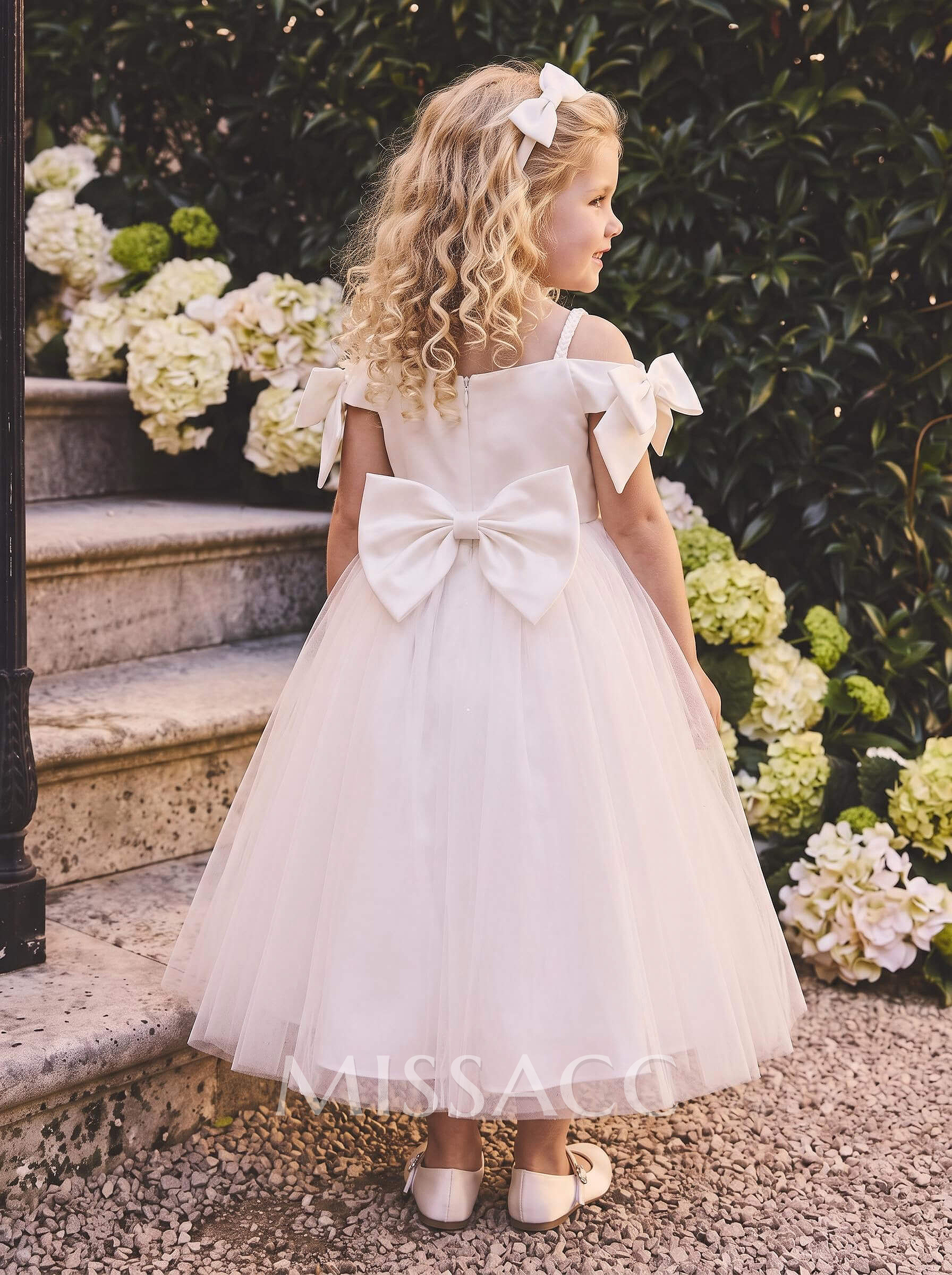 Off-The-Shoulder Sleeveless Ankle-Length Satin And Tulle Ballgown Flower Girl Dresses With Bow And Pockets