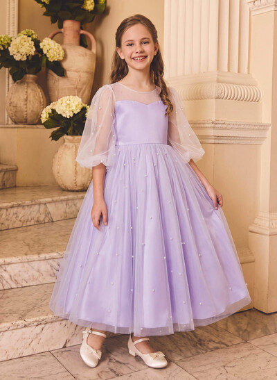 Ball-Gown Scoop Neck 3/4 Sleeves Ankle-Length Satin/Tulle Flower Girl Dresses With Bow/Pockets/Beading/Flower