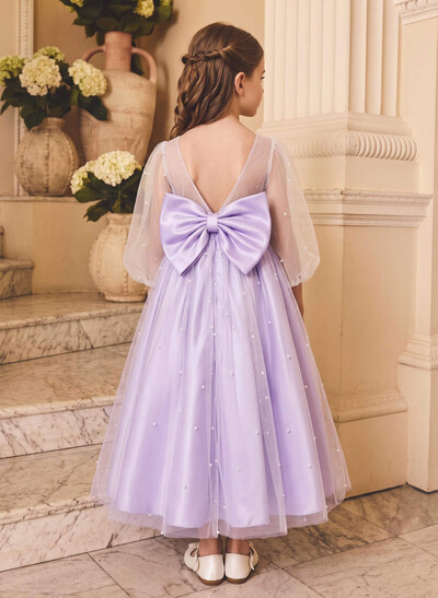 Ball-Gown Scoop Neck 3/4 Sleeves Ankle-Length Satin/Tulle Flower Girl Dresses With Bow/Pockets/Beading/Flower