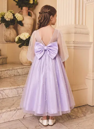 Ball Gown Scoop Neck 3/4 Sleeve Ankle-Length Satin And Tulle Flower Girl Dress With Bow, Pockets, Beading And Flowers