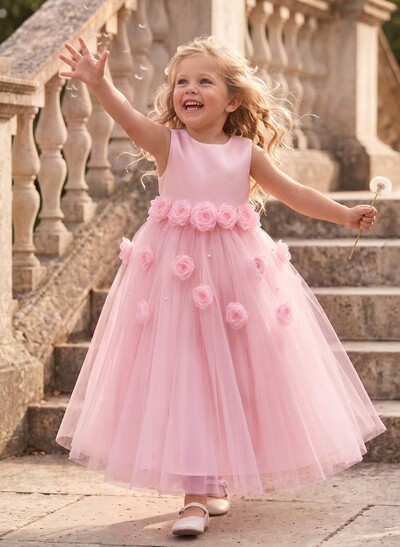 Ball-Gown Scoop Neck Sleeveless Ankle-Length Satin/Tulle Flower Girl Dresses With Flower