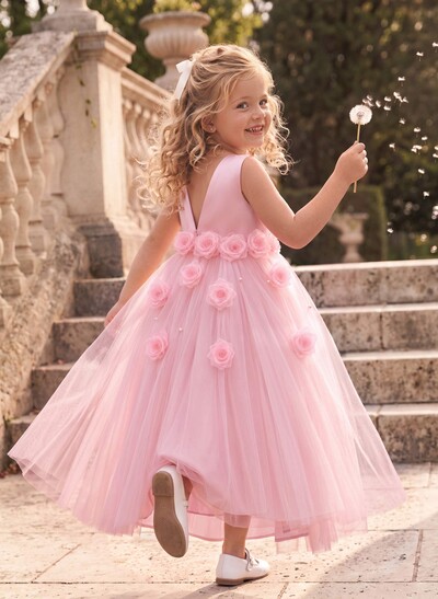 Ball-Gown Scoop Neck Sleeveless Ankle-Length Satin/Tulle Flower Girl Dresses With Flower