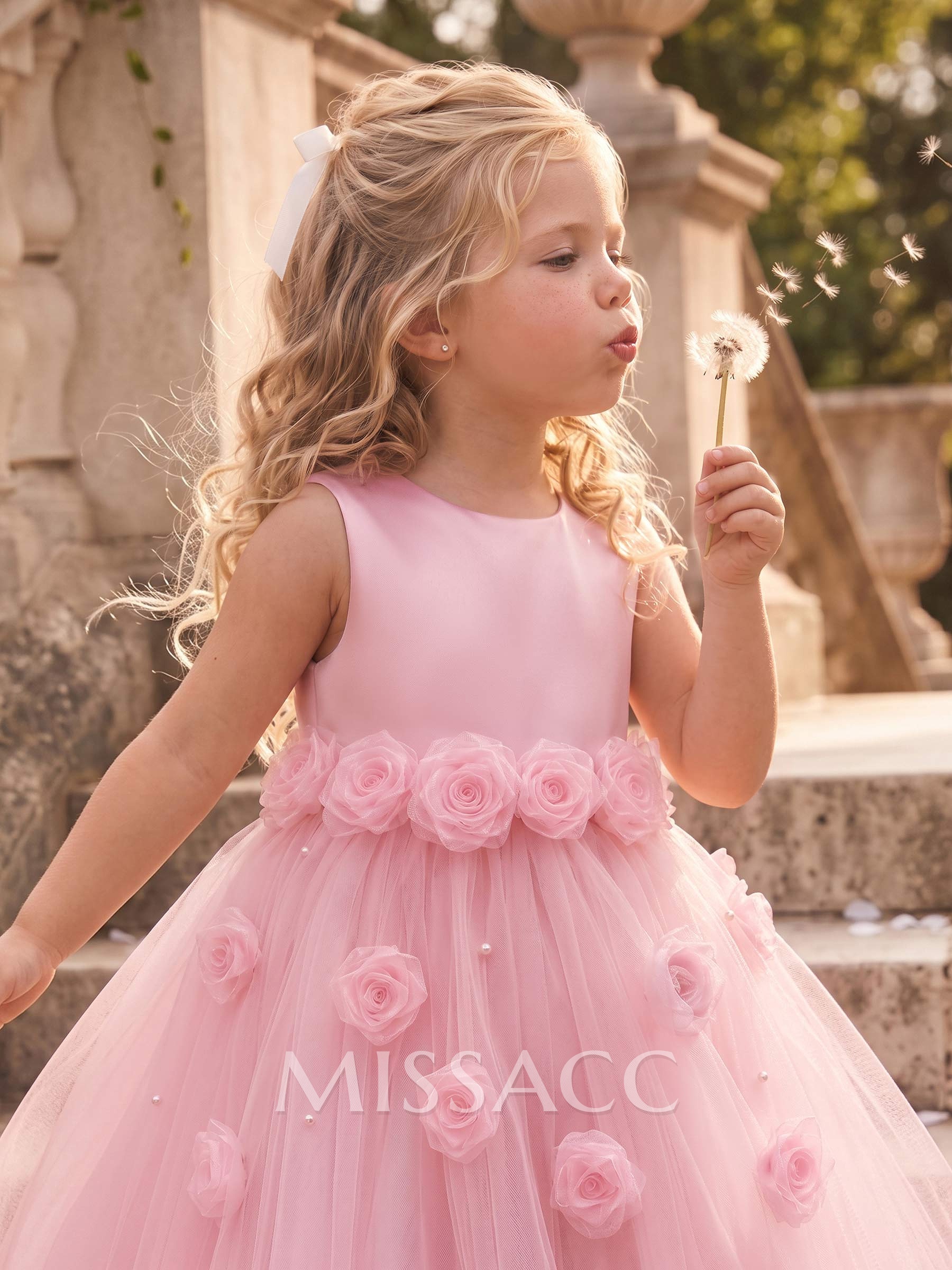 Ball-Gown Scoop Neck Sleeveless Ankle-Length Satin/Tulle Flower Girl Dresses With Flower