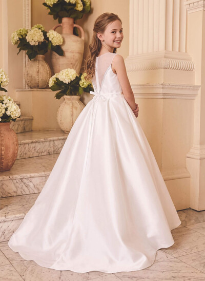 Ballgown Scoop Neck Sleeveless Asymmetrical Twill Satin Flower Girl Dresses With Pockets & Sash