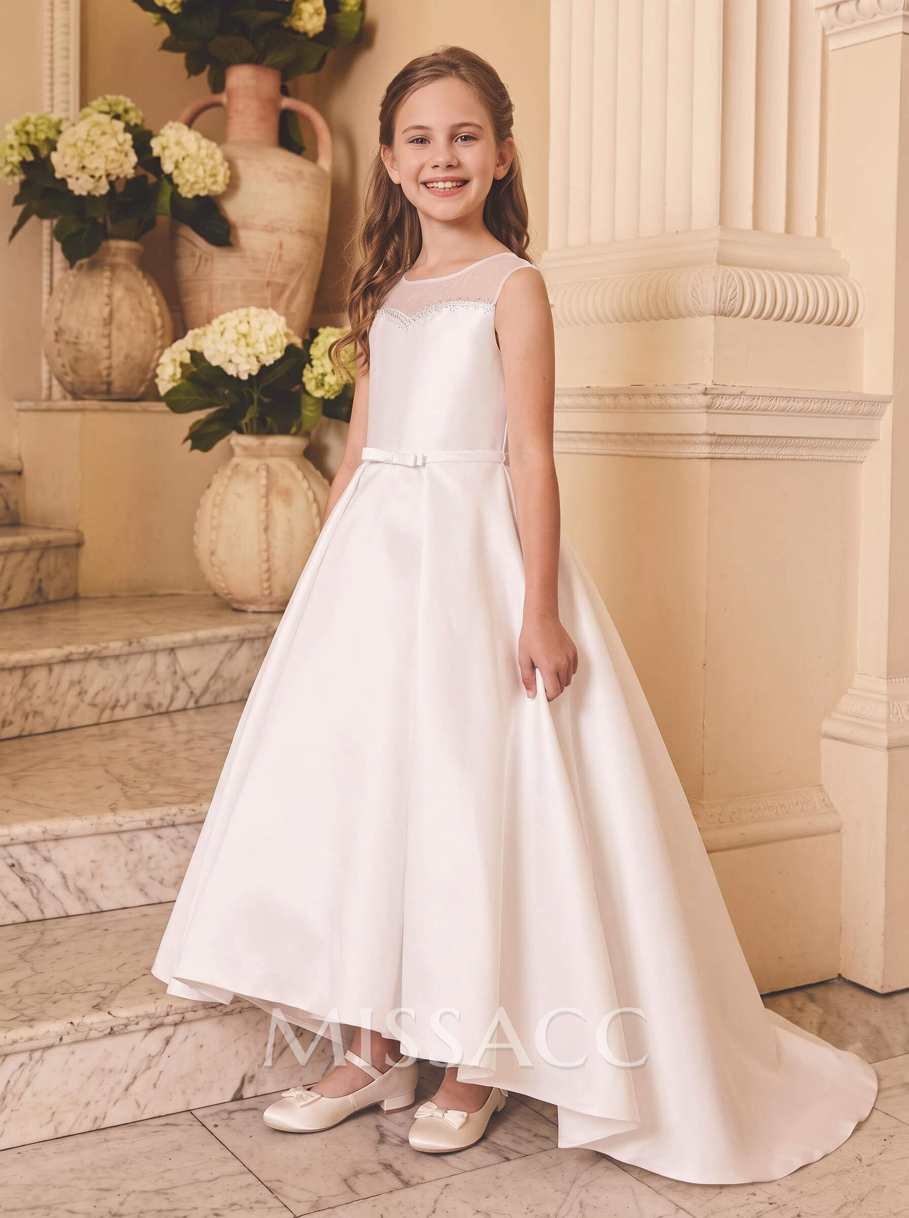 Ballgown Scoop Neck Sleeveless Asymmetrical Twill Satin Flower Girl Dresses With Pockets & Sash