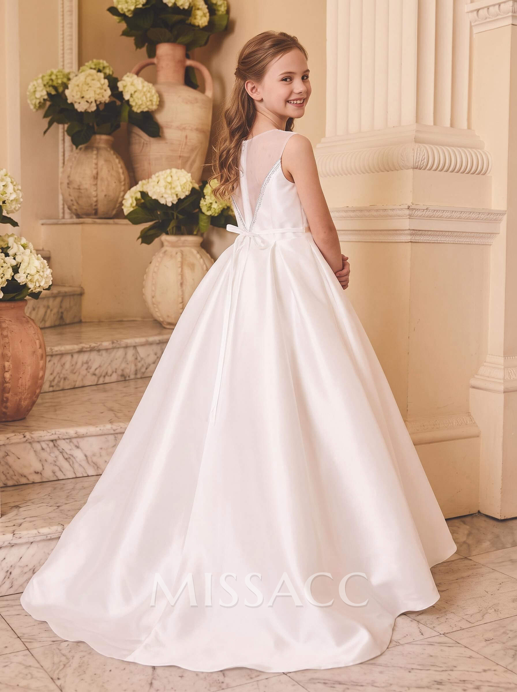 Ballgown Scoop Neck Sleeveless Asymmetrical Twill Satin Flower Girl Dresses With Pockets & Sash