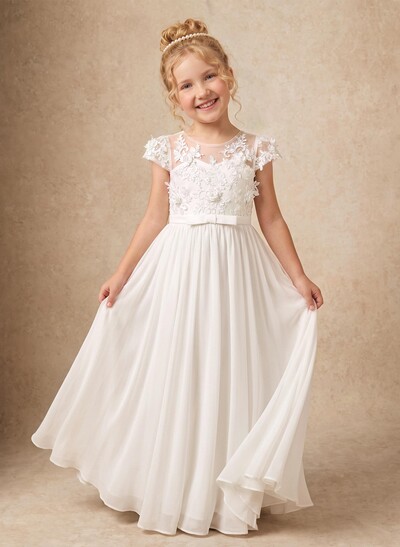 Ball-Gown Scoop Neck Short Sleeves Floor-Length Chiffon Flower Girl Dresses With Bow/Pleated/Flower