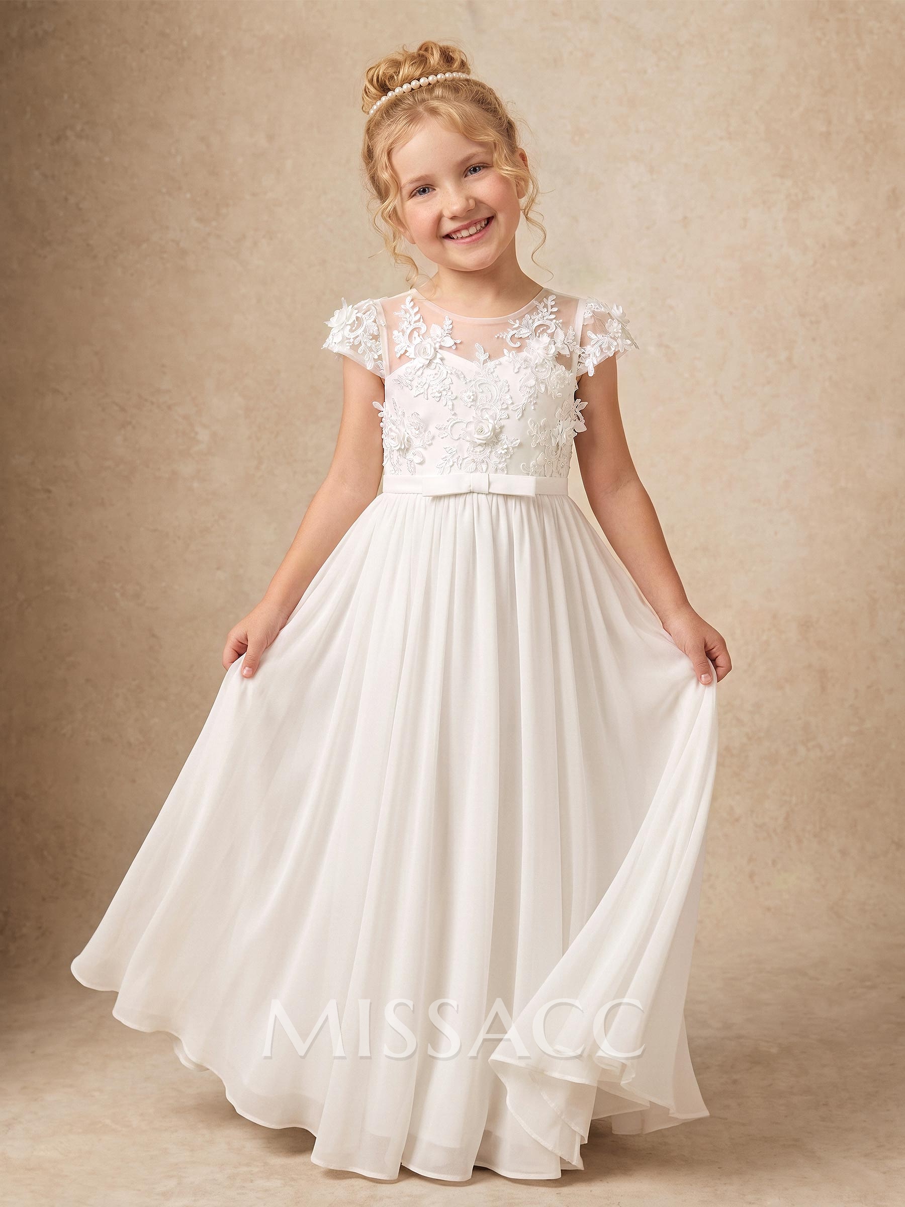 Ball-Gown Scoop Neck Short Sleeves Floor-Length Chiffon Flower Girl Dresses With Bow/Pleated/Flower