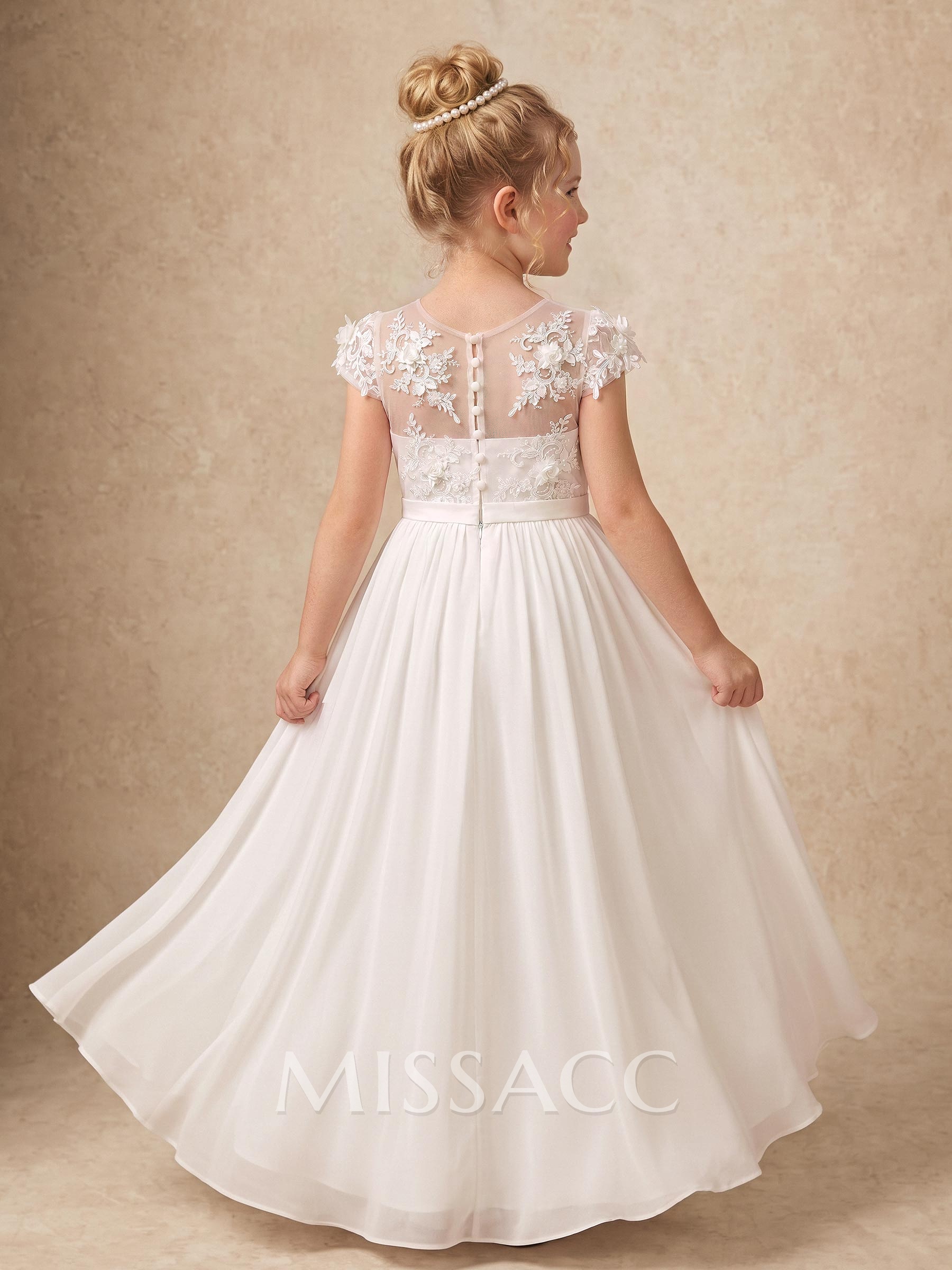 Ball-Gown Scoop Neck Short Sleeves Floor-Length Chiffon Flower Girl Dresses With Bow/Pleated/Flower