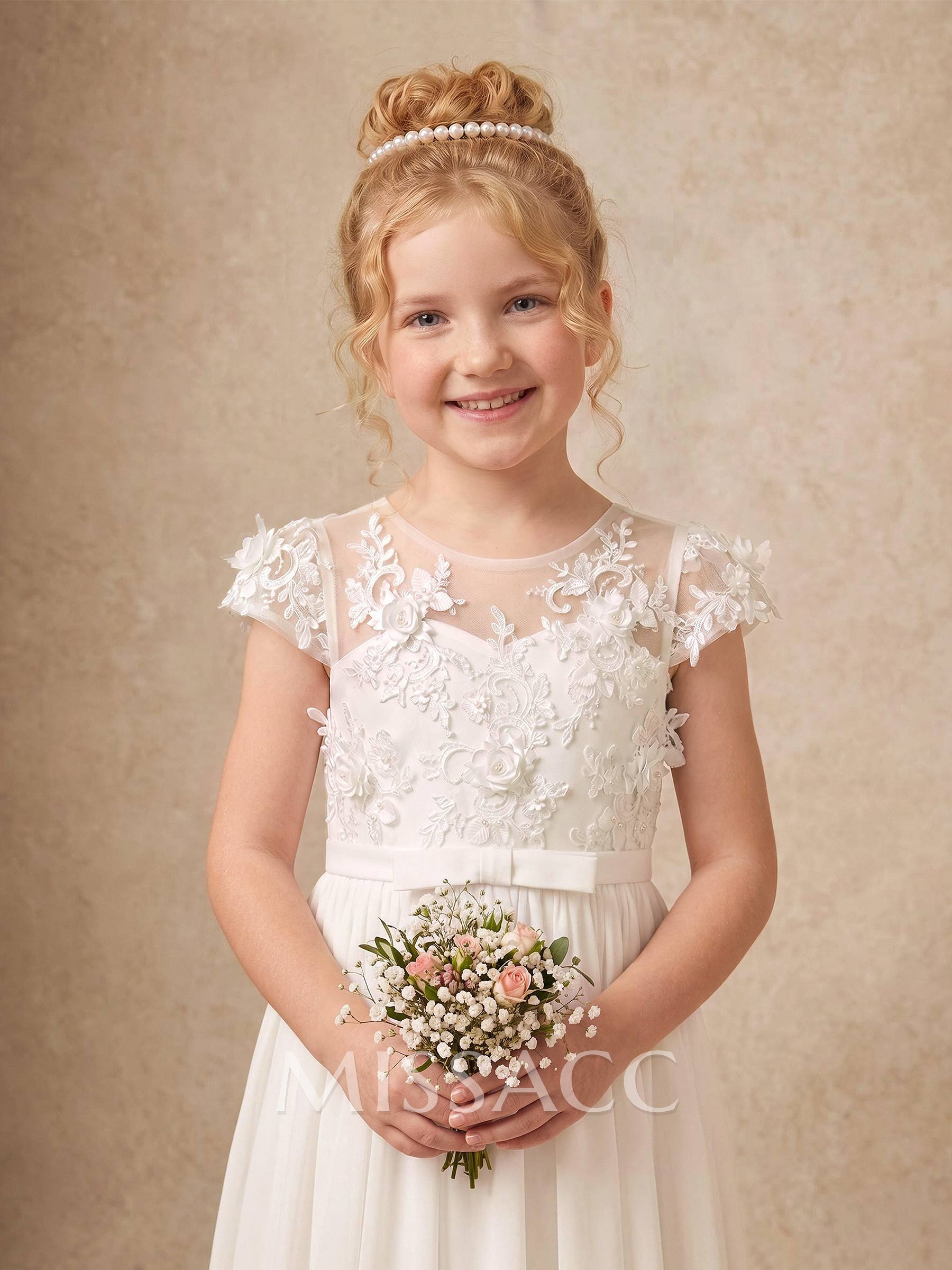Ball-Gown Scoop Neck Short Sleeves Floor-Length Chiffon Flower Girl Dresses With Bow/Pleated/Flower