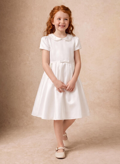 Ballgown Scoop Neck Short Sleeve Knee-Length Satin Flower Girl Dresses With Bow/Pockets/Beading