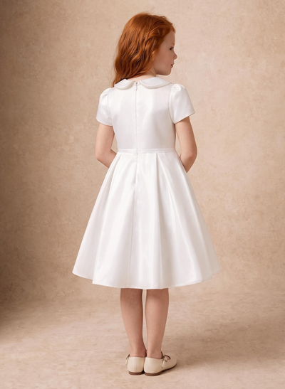 Ballgown Scoop Neck Short Sleeve Knee-Length Satin Flower Girl Dresses With Bow/Pockets/Beading