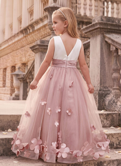 Ball-Gown Scoop Neck Sleeveless Floor-Length Chiffon/Satin Flower Girl Dresses With Flower