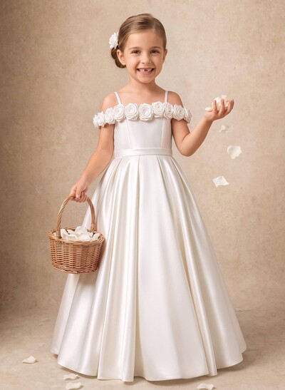 Ball-Gown Off-The-Shoulder Sleeveless Floor-Length Twill Satin Flower Girl Dresses With Bow/Pleated/Flower