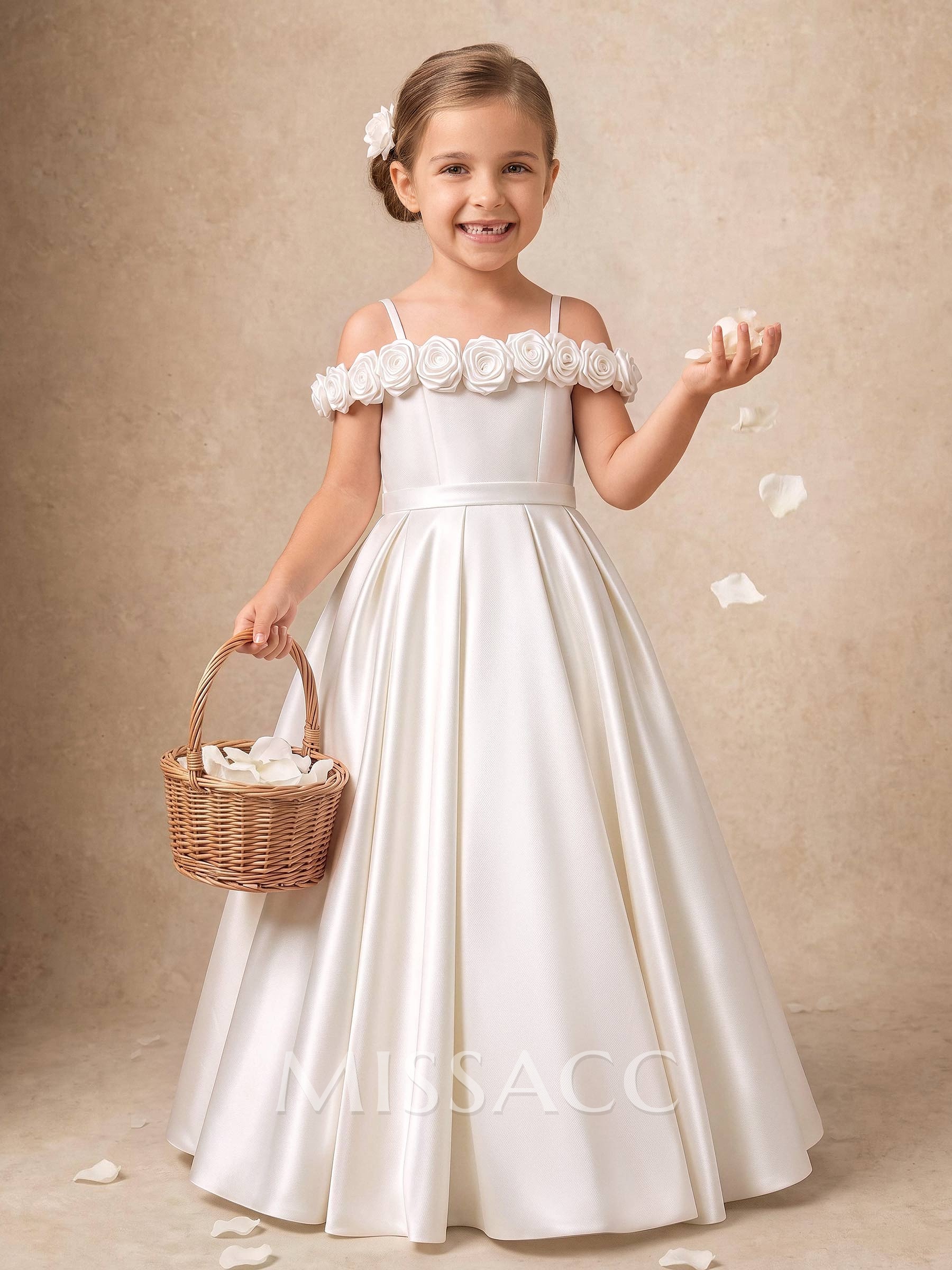 Ball-Gown Off-The-Shoulder Sleeveless Floor-Length Twill Satin Flower Girl Dresses With Bow/Pleated/Flower