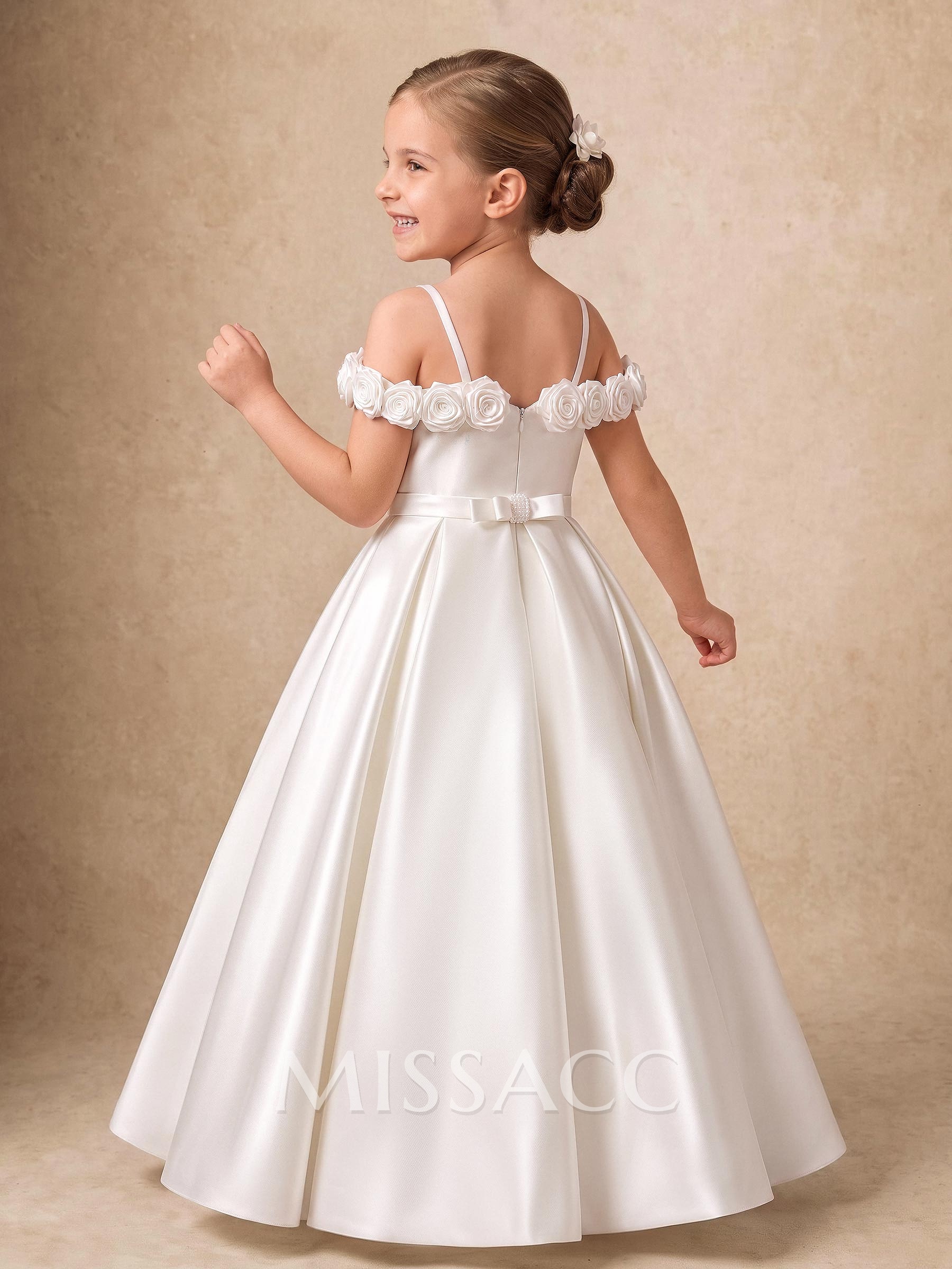 Ball-Gown Off-The-Shoulder Sleeveless Floor-Length Twill Satin Flower Girl Dresses With Bow/Pleated/Flower