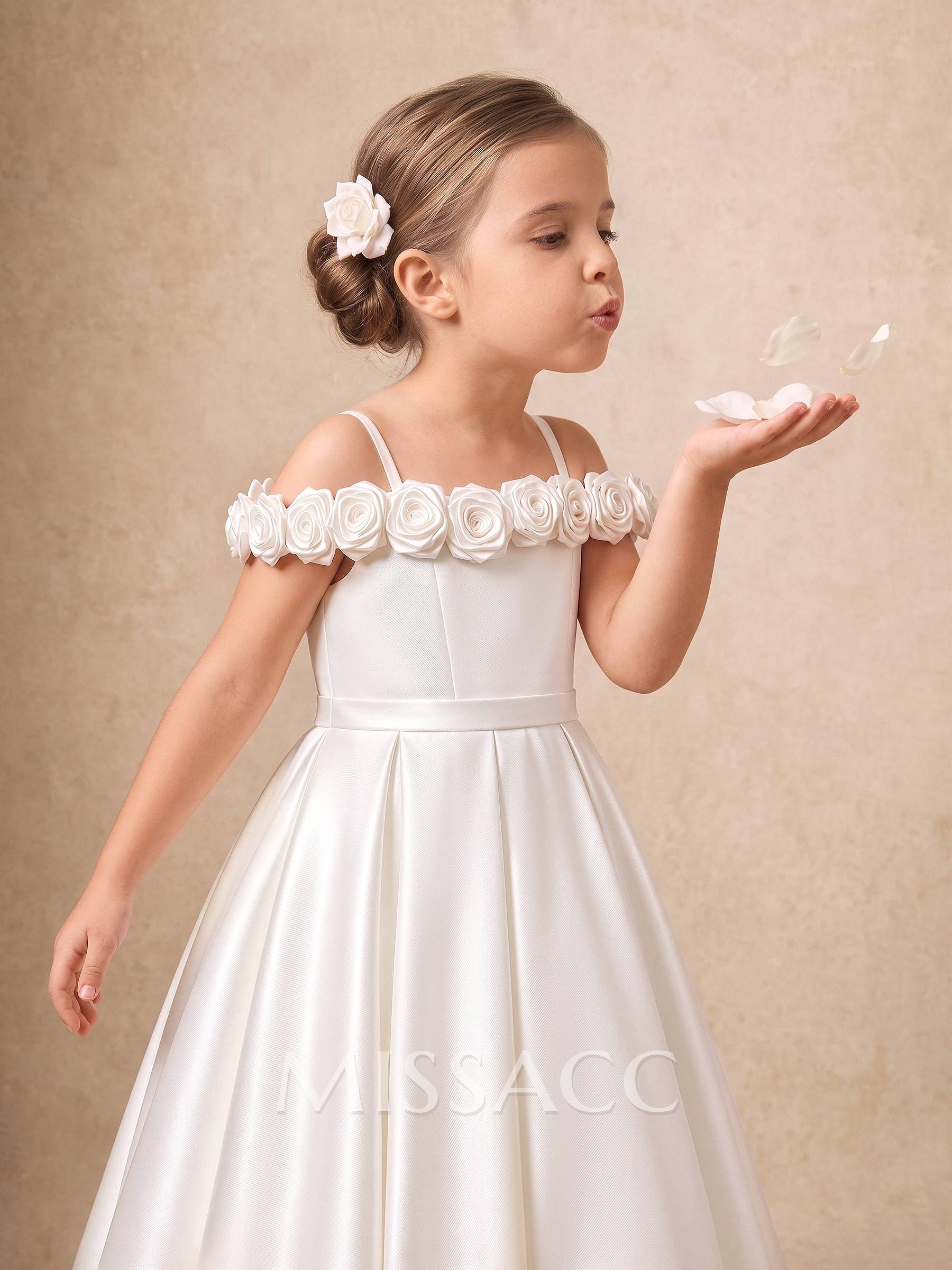 Ball-Gown Off-The-Shoulder Sleeveless Floor-Length Twill Satin Flower Girl Dresses With Bow/Pleated/Flower