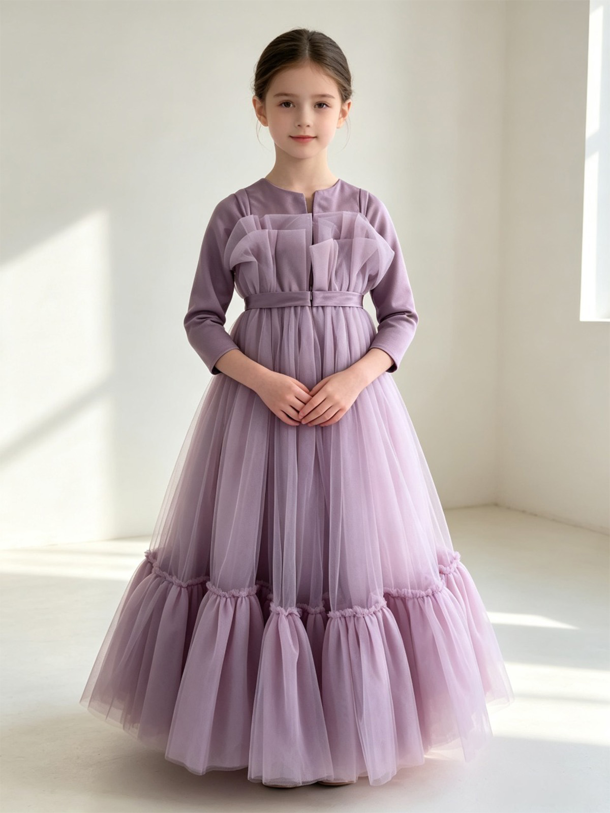 Ball-Gown Scoop Neck 3/4 Sleeves Floor-Length Satin/Tulle Flower Girl Dresses