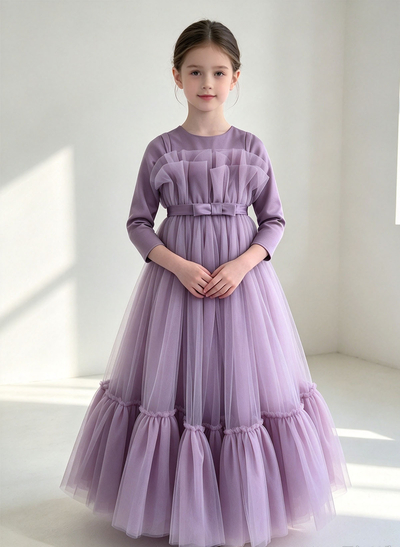 Ball-Gown Scoop Neck 3/4 Sleeves Floor-Length Satin/Tulle Flower Girl Dresses