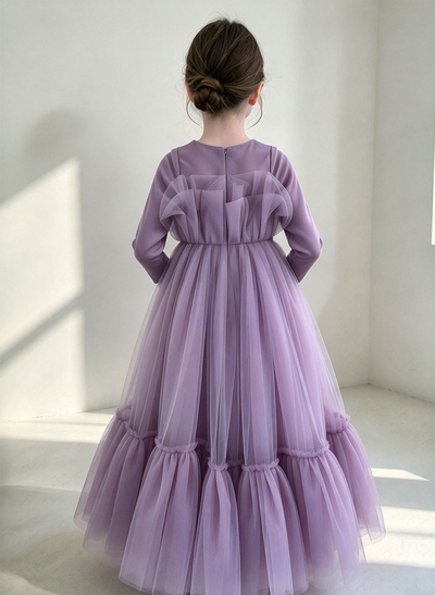 Ball-Gown Scoop Neck 3/4 Sleeves Floor-Length Satin/Tulle Flower Girl Dresses