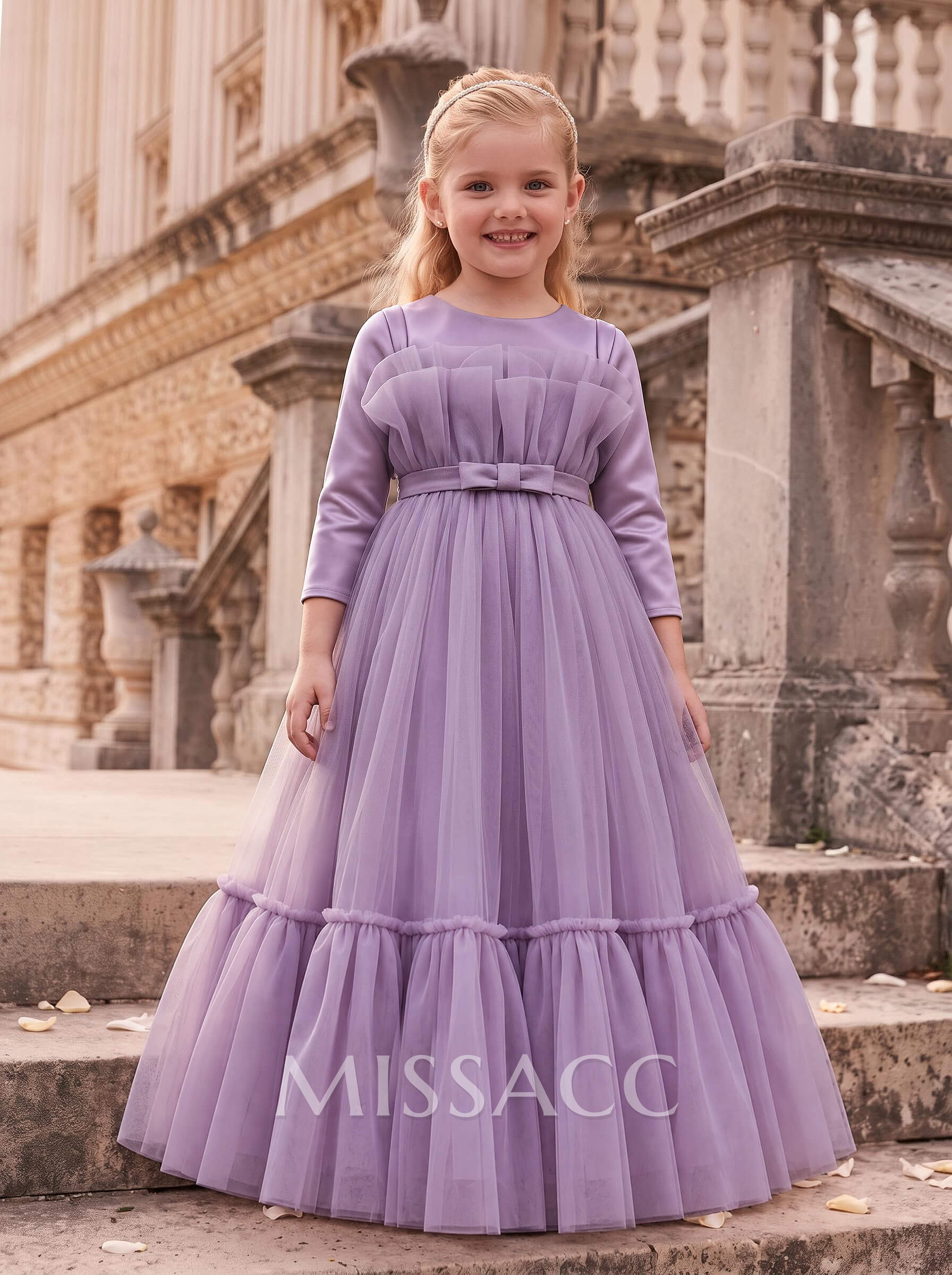 Ball-Gown Scoop Neck 3/4 Sleeves Floor-Length Satin/Tulle Flower Girl Dresses