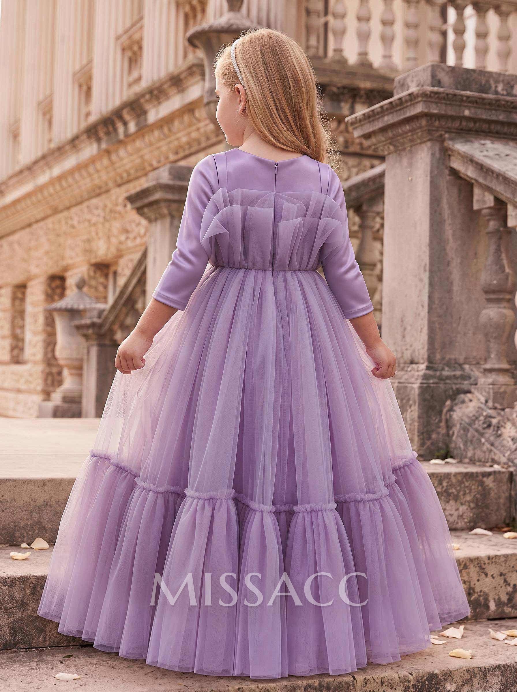 Ball-Gown Scoop Neck 3/4 Sleeves Floor-Length Satin/Tulle Flower Girl Dresses