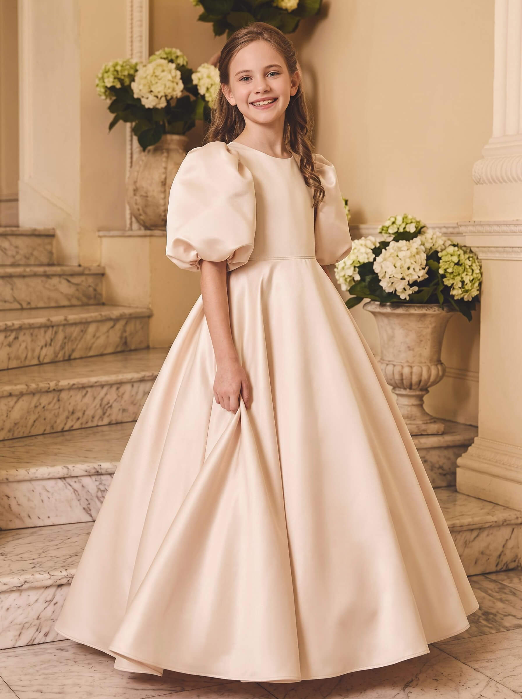Ball-Gown Scoop Neck 1/2 Sleeves Floor-Length Satin Flower Girl Dresses With Bow/Pockets