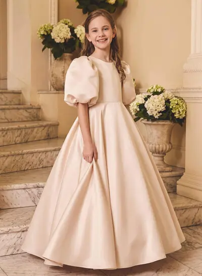 Ball-Gown Scoop Neck 1/2 Sleeves Floor-Length Satin Flower Girl Dresses With Bow/Pockets