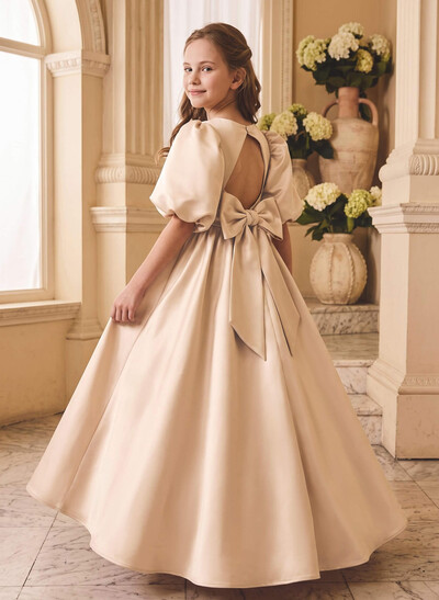 Ball-Gown Scoop Neck 1/2 Sleeves Floor-Length Satin Flower Girl Dresses With Bow/Pockets