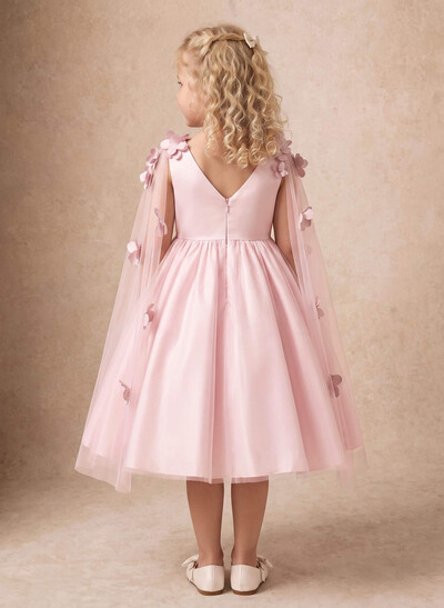 Sleeveless Scoop Neck Knee-Length Satin/Tulle Ball Gown Flower Girl Dress With Pockets & Flower