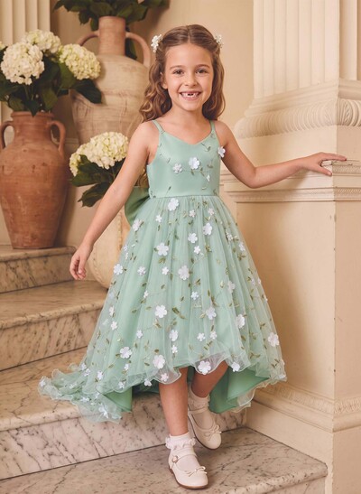 Ball-Gown V-Neck Sleeveless Asymmetrical Lace/Satin Flower Girl Dresses With Bow/Flower
