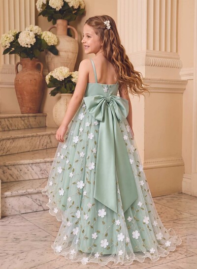 Ball-Gown V-Neck Sleeveless Asymmetrical Lace/Satin Flower Girl Dresses With Bow/Flower