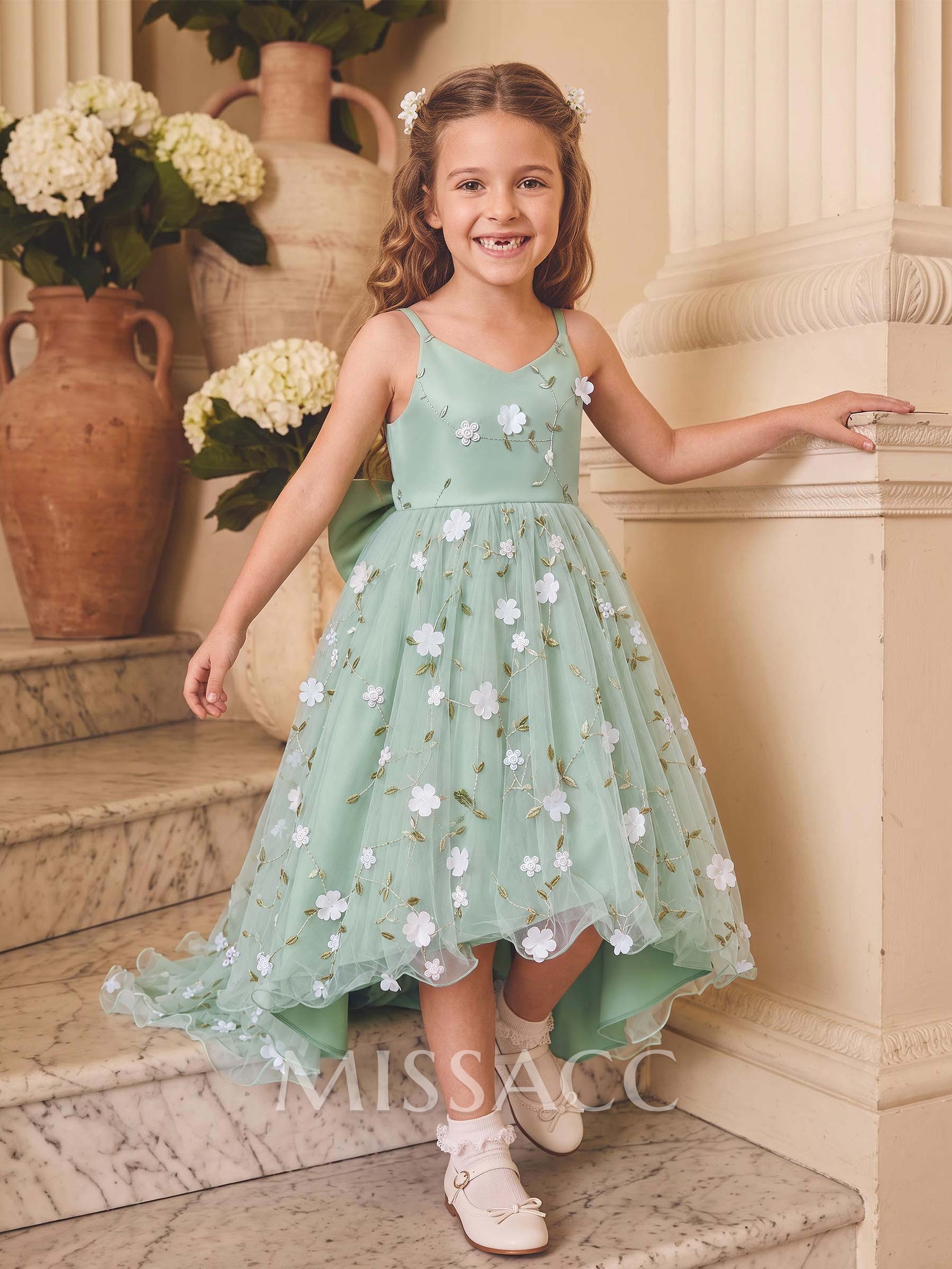 Ball-Gown V-Neck Sleeveless Asymmetrical Lace/Satin Flower Girl Dresses With Bow/Flower