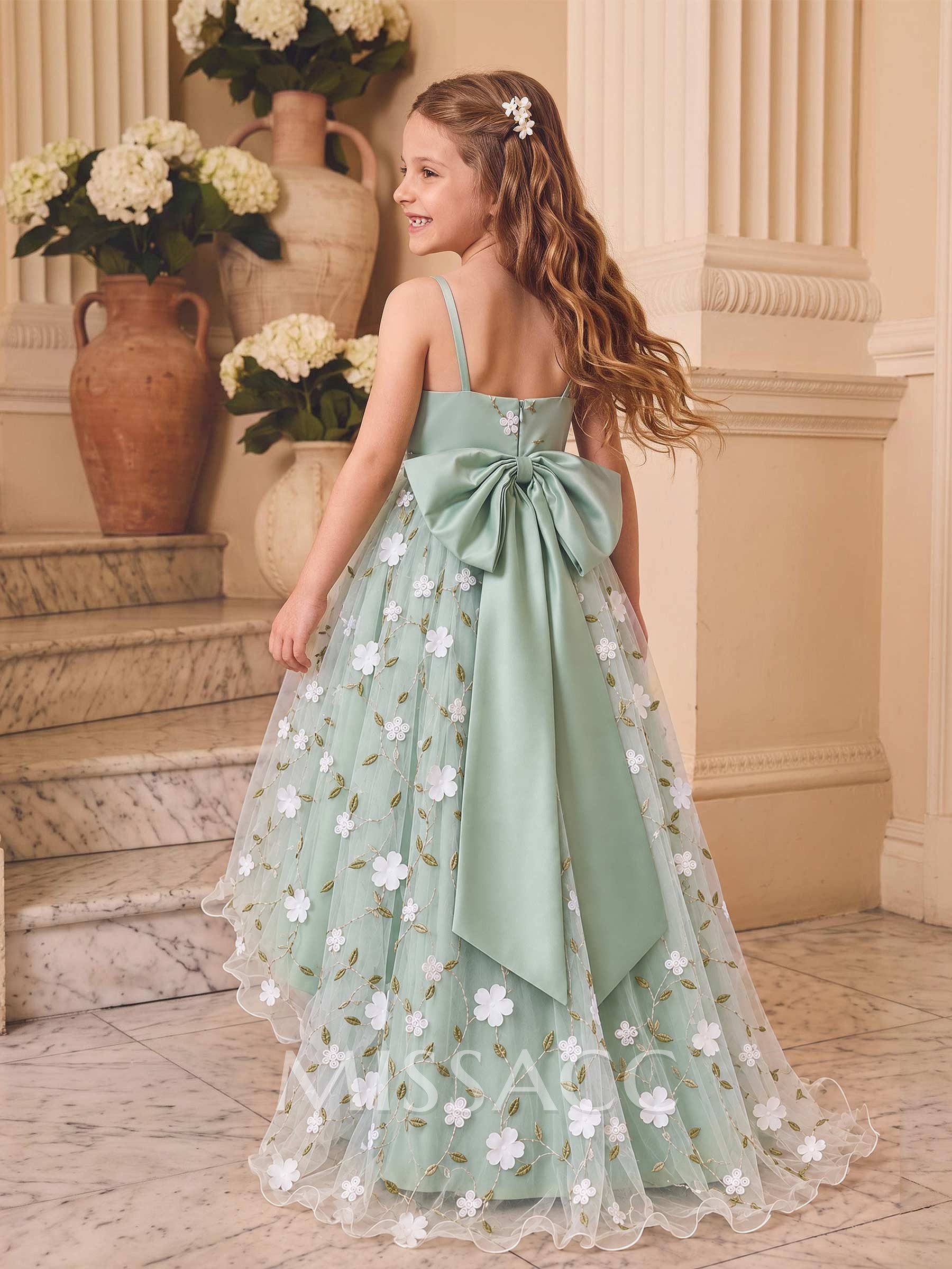 Ball-Gown V-Neck Sleeveless Asymmetrical Lace/Satin Flower Girl Dresses With Bow/Flower