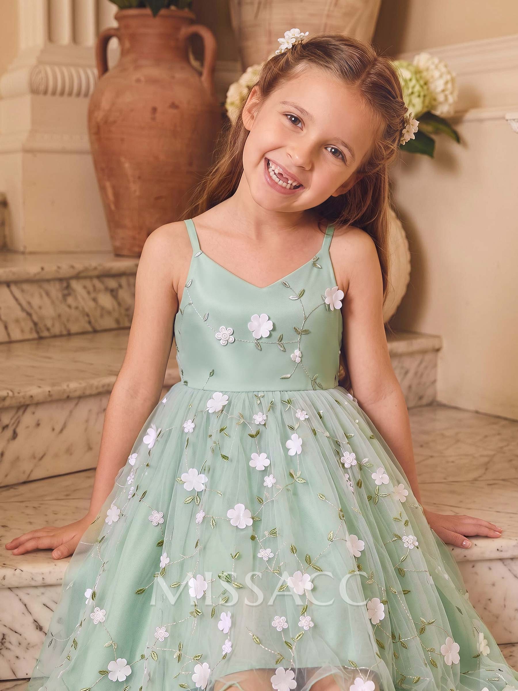 Ball-Gown V-Neck Sleeveless Asymmetrical Lace/Satin Flower Girl Dresses With Bow/Flower