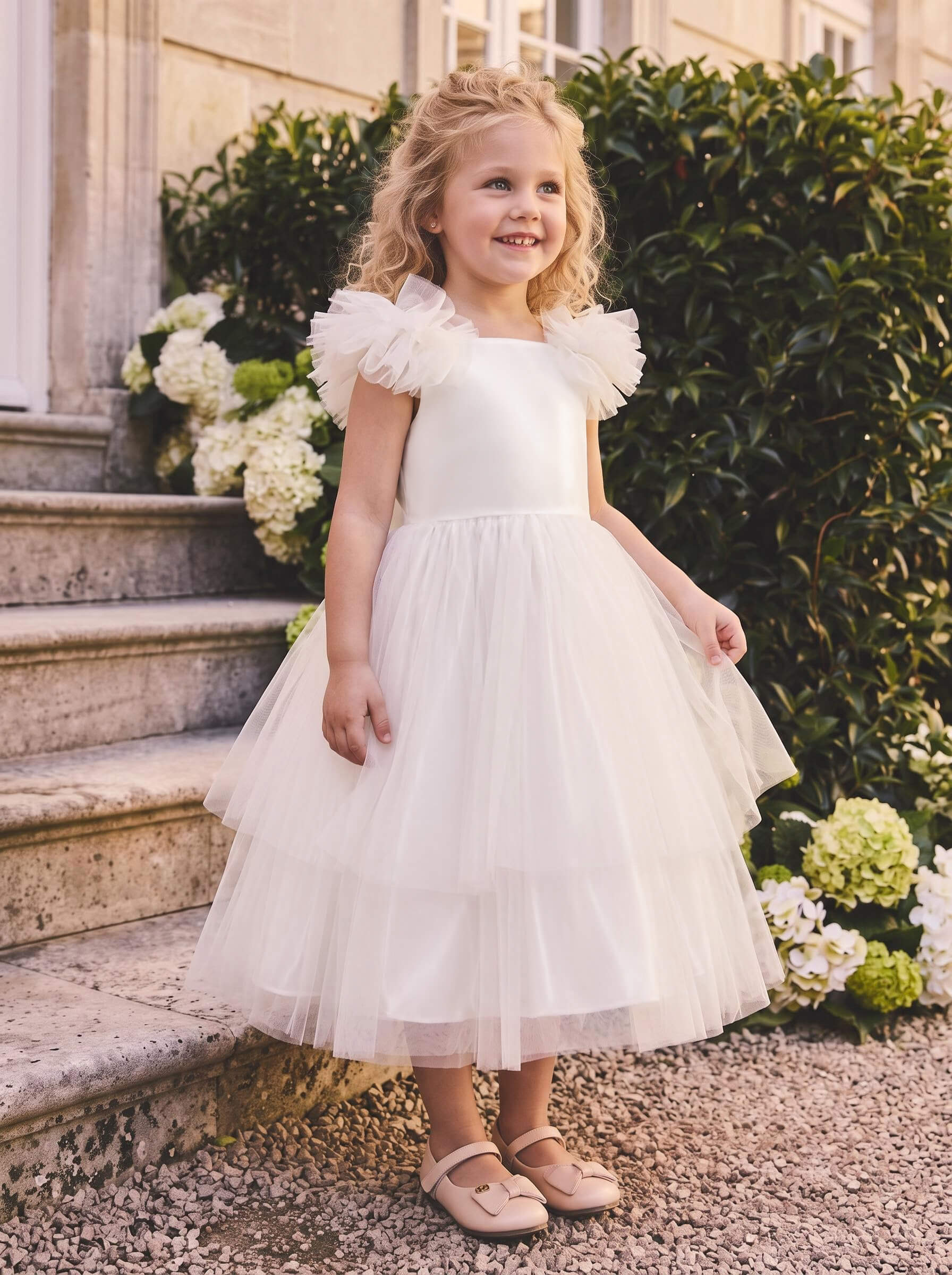 Ballgown Scoop Neck Sleeveless Tea-Length Satin And Tulle Flower Girl Dresses