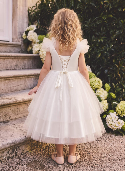 Ballgown Scoop Neck Sleeveless Tea-Length Satin And Tulle Flower Girl Dresses