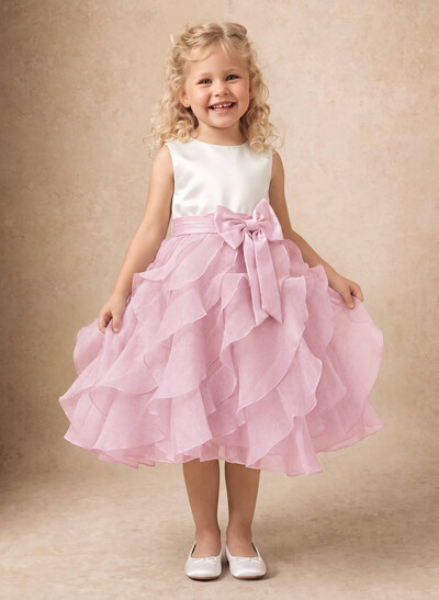 Ball-Gown Scoop Neck Sleeveless Tea-Length Satin Flower Girl Dresses With Bow/Cascading Ruffles