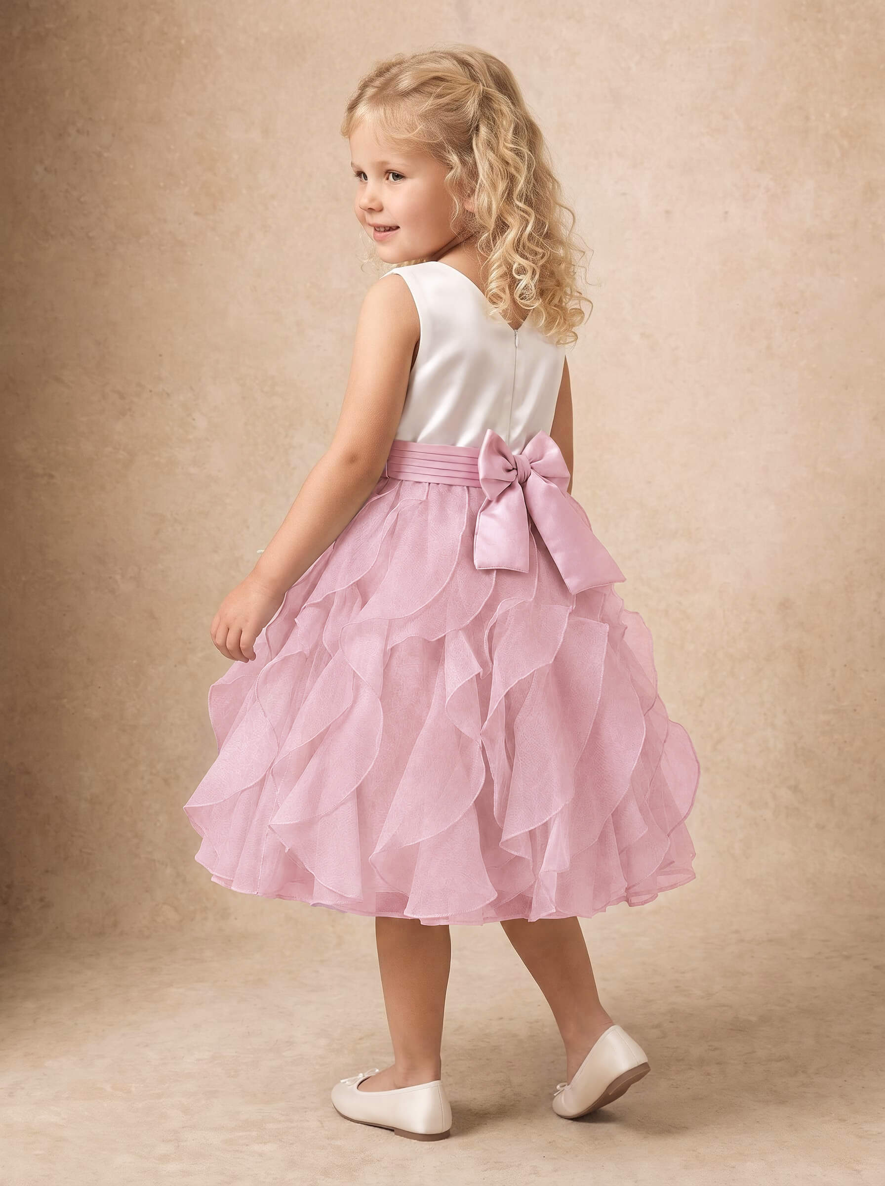 Ball-Gown Scoop Neck Sleeveless Tea-Length Satin Flower Girl Dresses With Bow/Cascading Ruffles