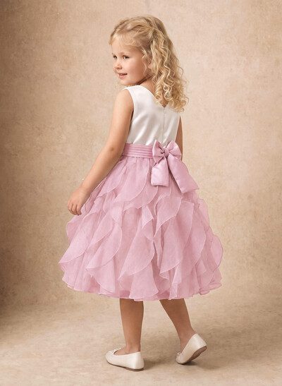 Ball-Gown Scoop Neck Sleeveless Tea-Length Satin Flower Girl Dresses With Bow/Cascading Ruffles