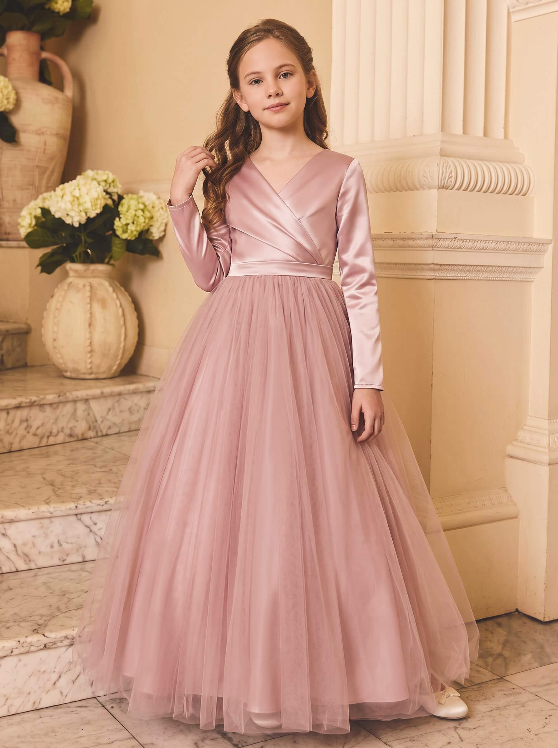 Ball-Gown V-Neck Long Sleeves Floor-Length Satin/Tulle/Stretch Satin Knit Flower Girl Dresses With Pockets