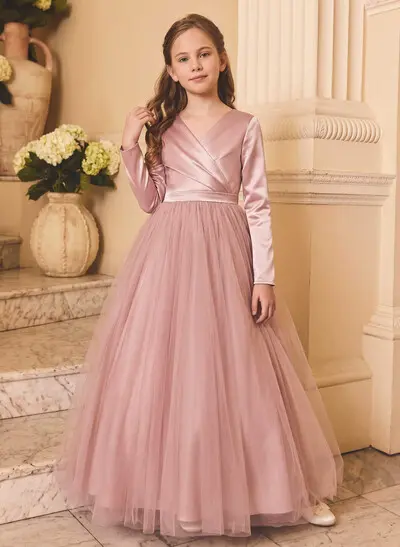 Ball-Gown V-Neck Long Sleeves Floor-Length Satin/Tulle/Stretch Satin Knit Flower Girl Dresses With Pockets