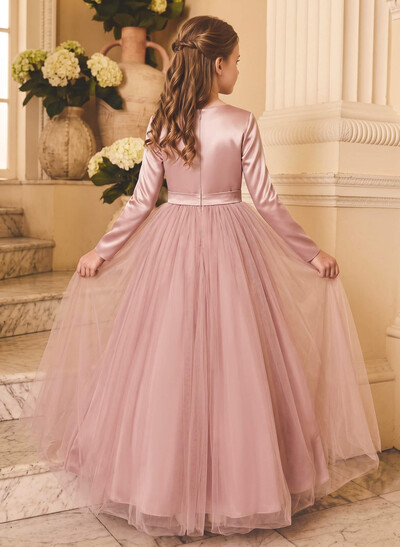 Ball-Gown V-Neck Long Sleeves Floor-Length Satin/Tulle/Stretch Satin Knit Flower Girl Dresses With Pockets