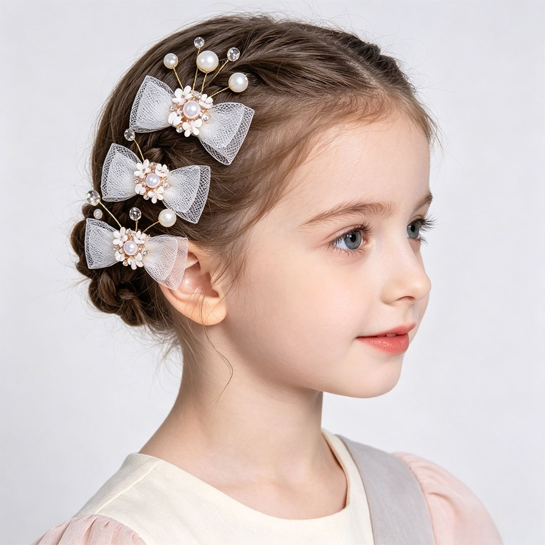 Girls' Floral Bow Faux Pearl Hair Accessories - Set Of 3