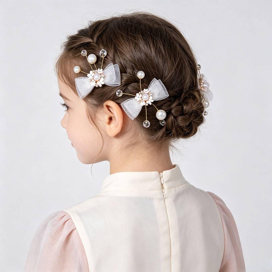 Girls' Floral Bow Faux Pearl Hair Accessories - Set Of 3